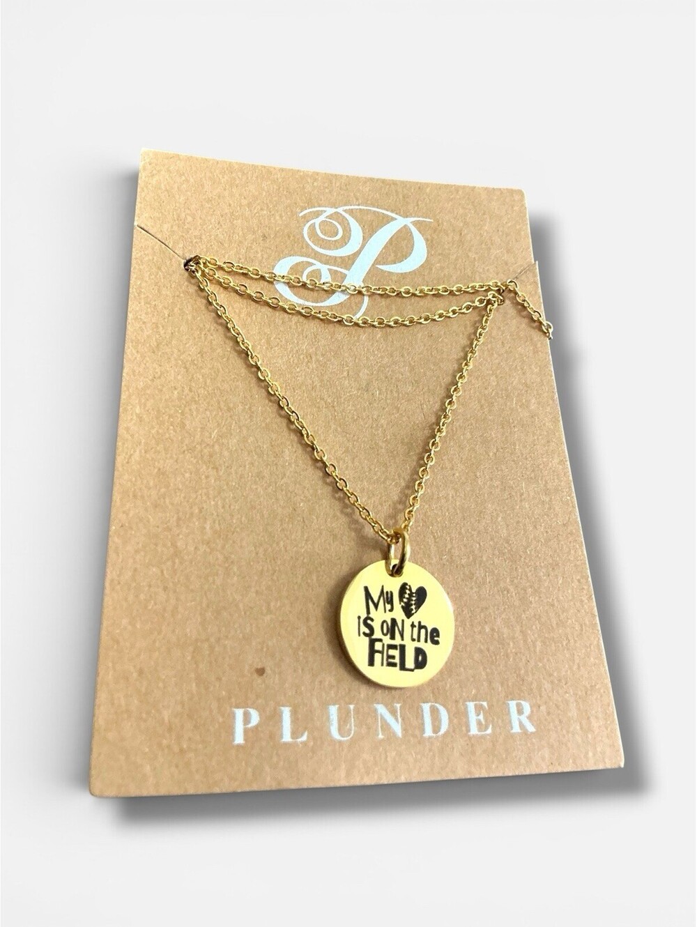 Plunder “My Heart Is On The Field” Gold Pendant Necklace Softball Baseball NWT